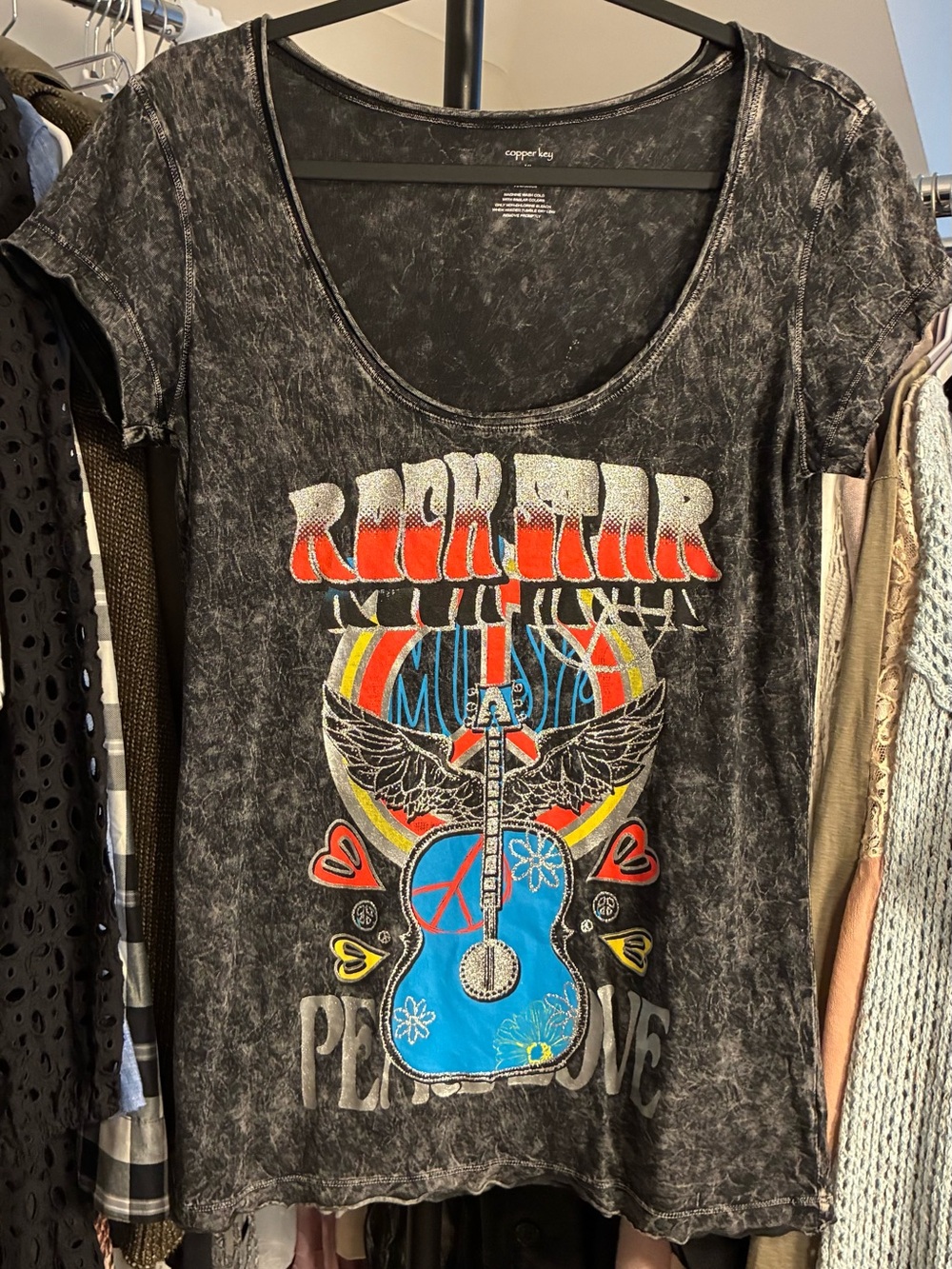 Copper Key Black Mineral-Wash Rock Star Graphic Tee with Blue Guitar XL